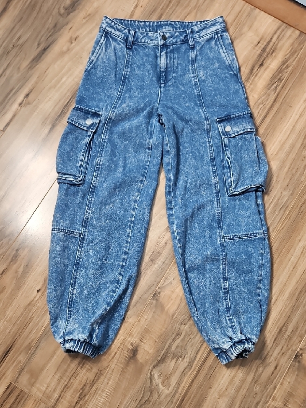 Future Collective Acid Wash Cargo Jogger Jeans - Light Blue Denim Size 0 - Picture 2 of 9